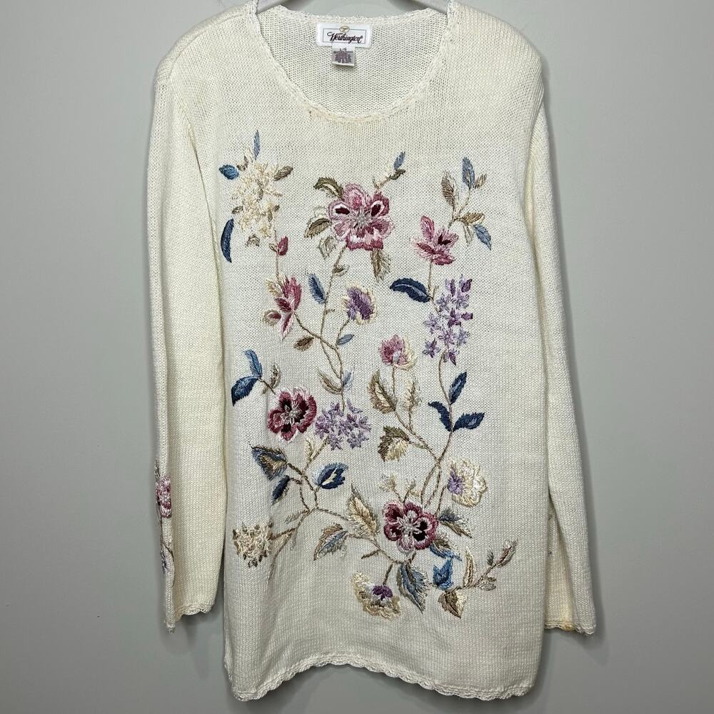 Vintage Worthington Pullover Sweater Size L Floral Embroidery Crew Neck